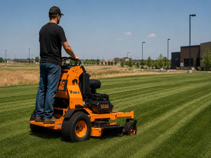 Crew member mowing on a stand-on mower